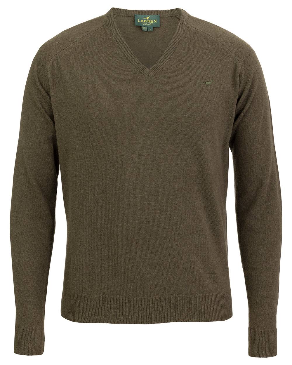 Olive Coloured Laksen Mens Trent V-Neck Lambswool Sweater on white background 
