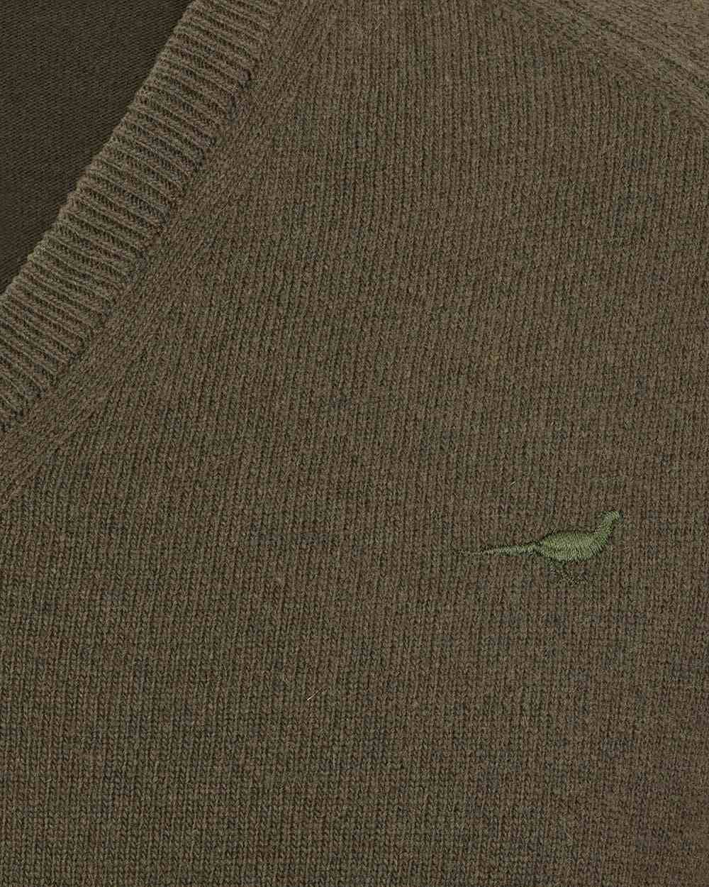 Olive Coloured Laksen Mens Trent V-Neck Lambswool Sweater on white background 