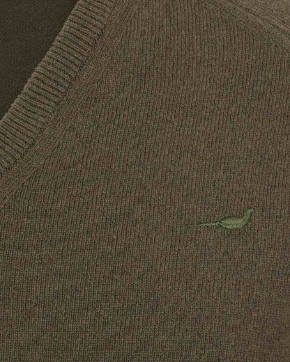 Olive Coloured Laksen Mens Trent V-Neck Lambswool Sweater on white background 