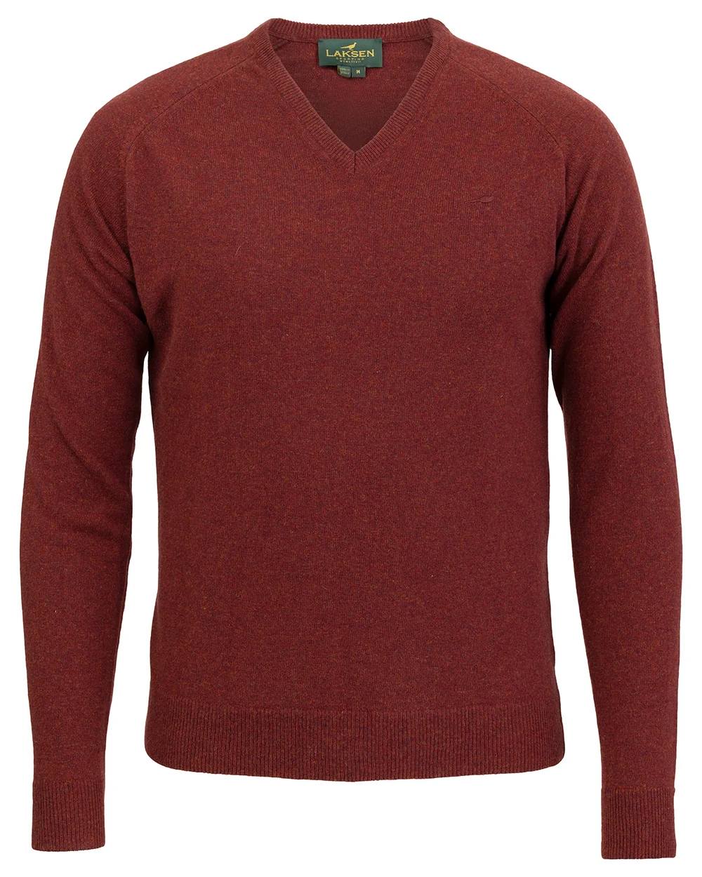 Rusty Coloured Laksen Mens Trent V-Neck Lambswool Sweater on white background 