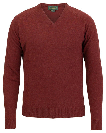 Rusty Coloured Laksen Mens Trent V-Neck Lambswool Sweater on white background 