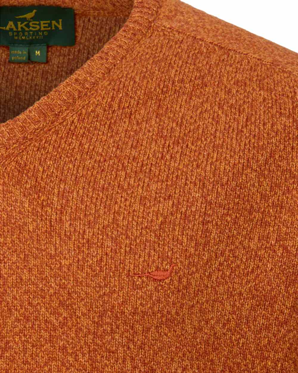 Terra Coloured Laksen Mens Trent V-Neck Lambswool Sweater on white background 