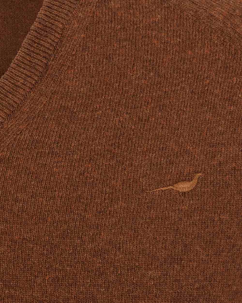 Toffee Coloured Laksen Mens Trent V-Neck Lambswool Sweater on white background 