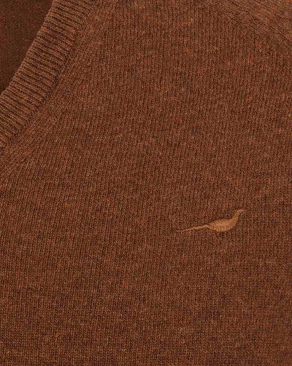 Toffee Coloured Laksen Mens Trent V-Neck Lambswool Sweater on white background 