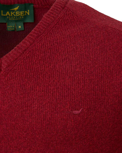 Wine Coloured Laksen Mens Trent V-Neck Lambswool Sweater on white background 