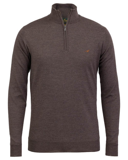 Chocolate Coloured Laksen Norfolk Zip Neck Merino Sweater on white background 