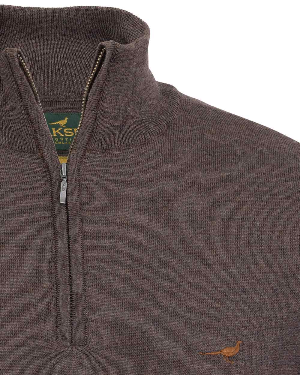 Chocolate Coloured Laksen Norfolk Zip Neck Merino Sweater on white background 