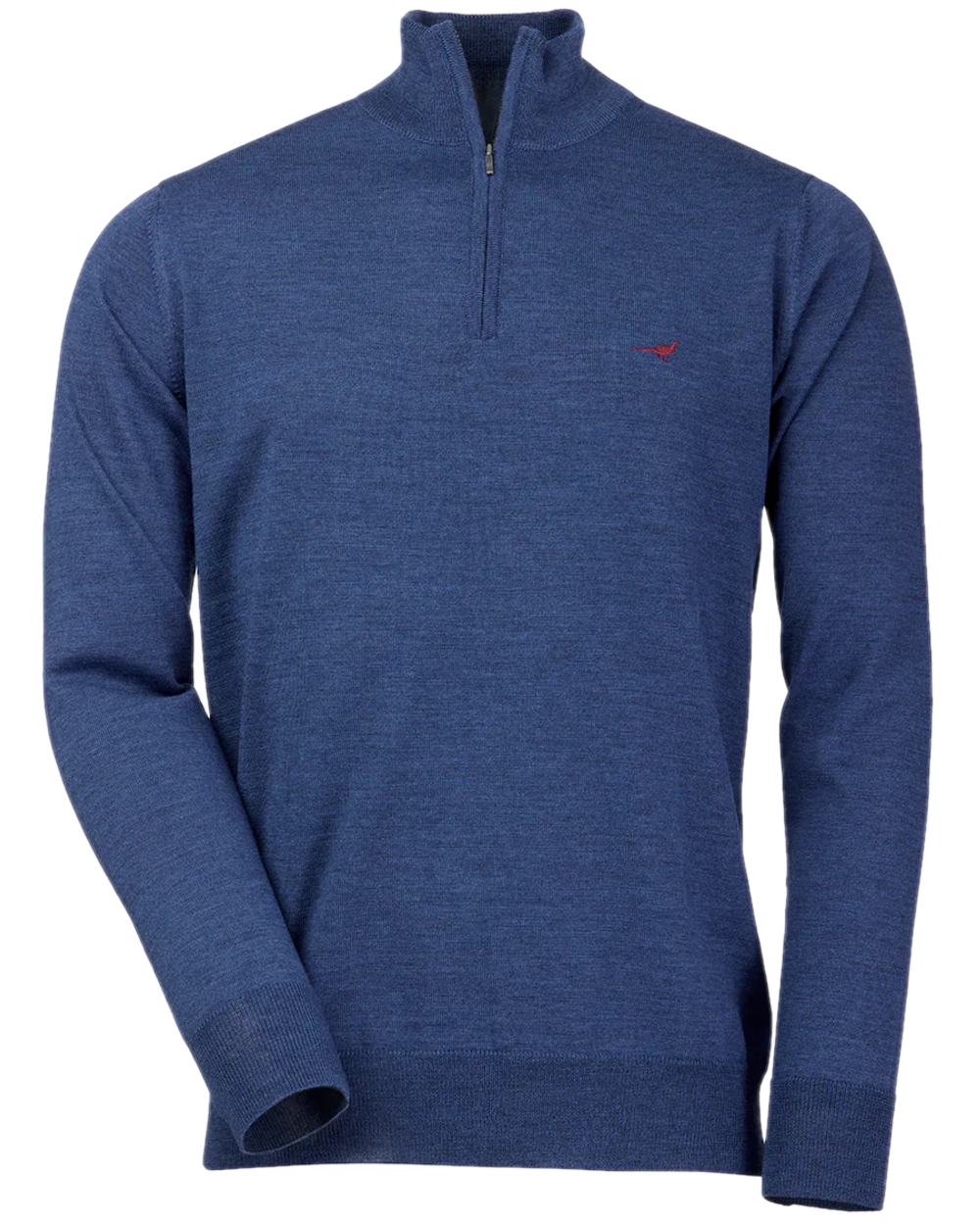 Corn Blue Coloured Laksen Norfolk Zip Neck Merino Sweater on white background 