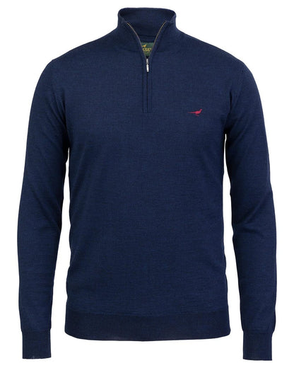 French Blue Coloured Laksen Norfolk Zip Neck Merino Sweater on white background 