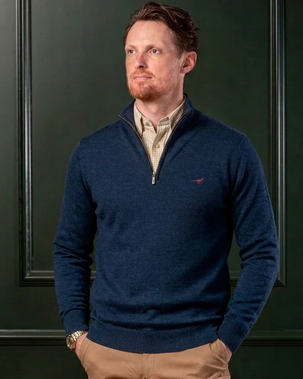 French Blue Coloured Laksen Norfolk Zip Neck Merino Sweater on indoor background 