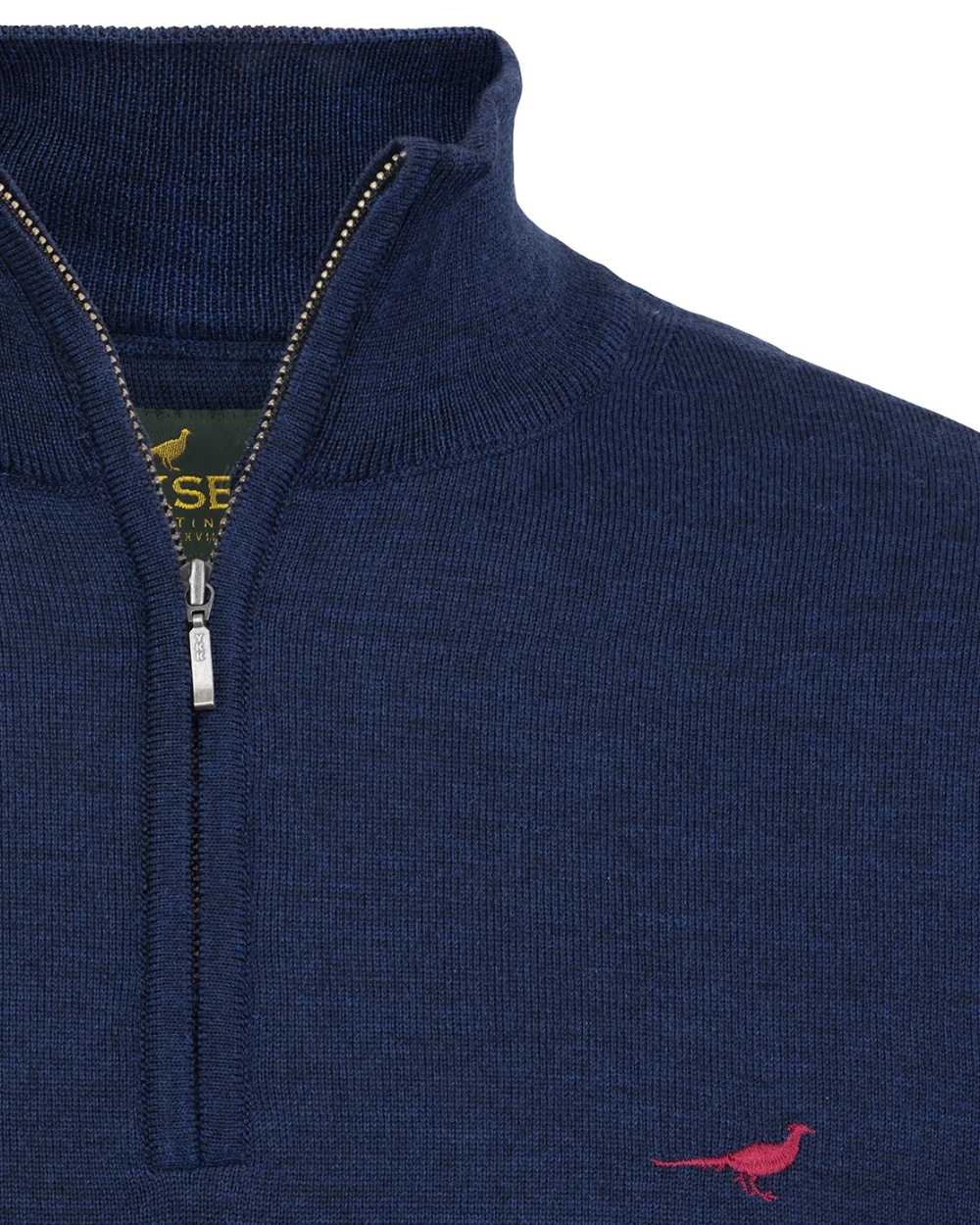 French Blue Coloured Laksen Norfolk Zip Neck Merino Sweater on white background 
