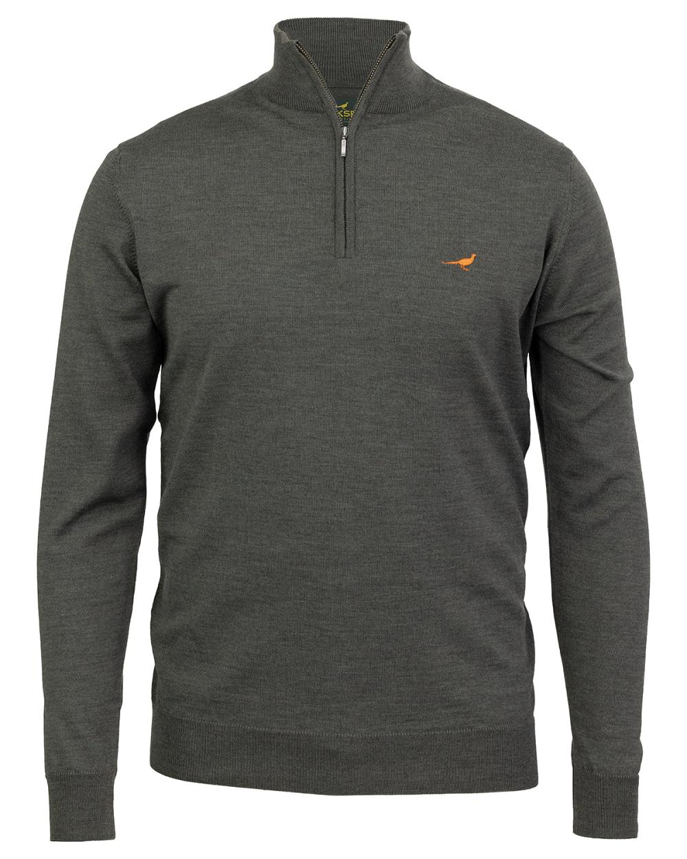 Loden Green Coloured Laksen Norfolk Zip Neck Merino Sweater on white background 