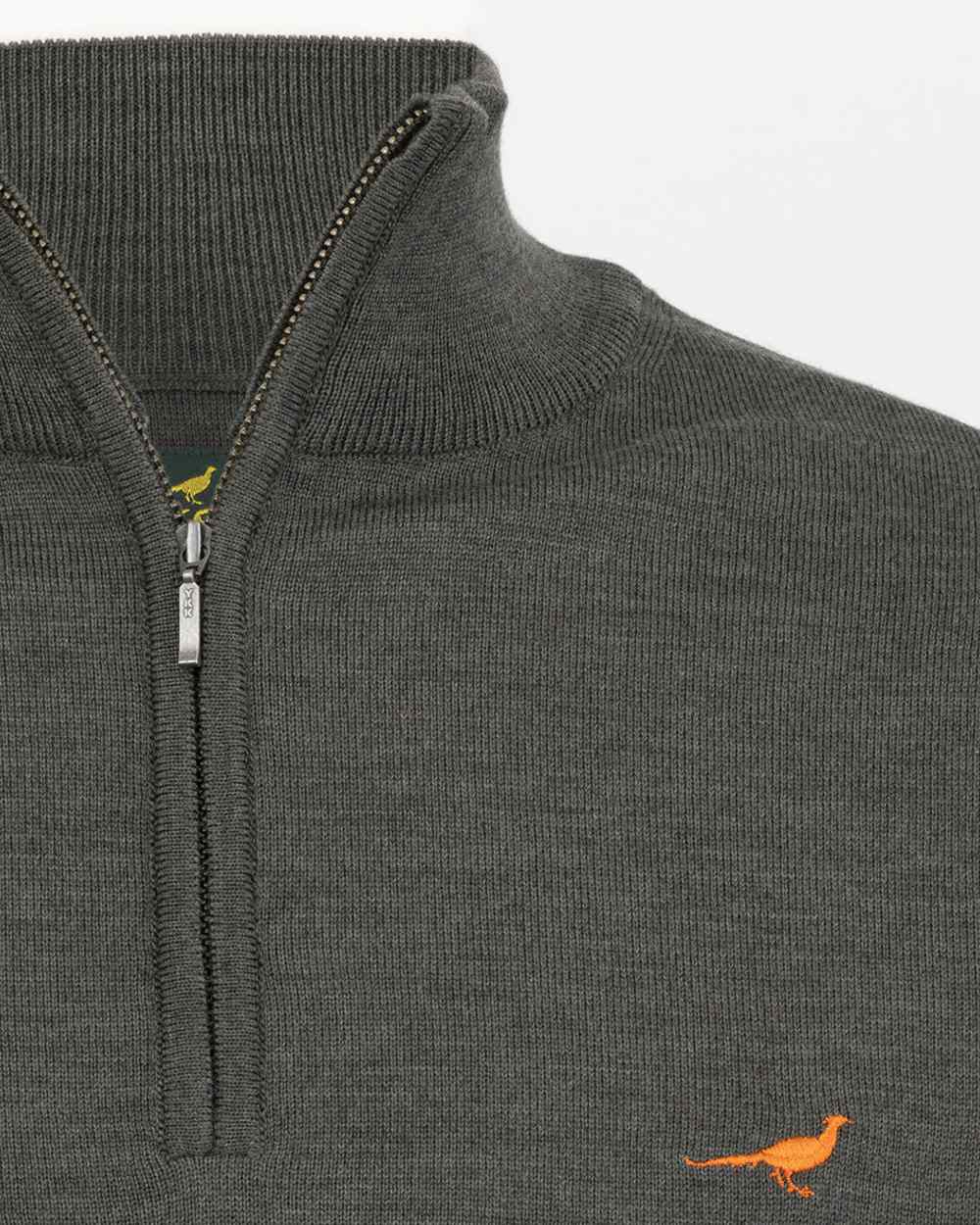 Loden Green Coloured Laksen Norfolk Zip Neck Merino Sweater on white background 
