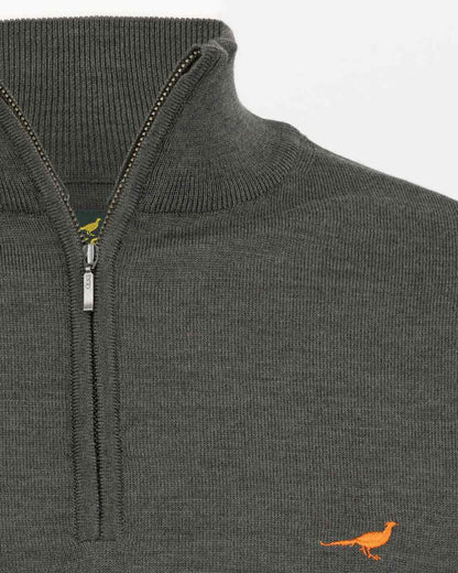 Loden Green Coloured Laksen Norfolk Zip Neck Merino Sweater on white background 