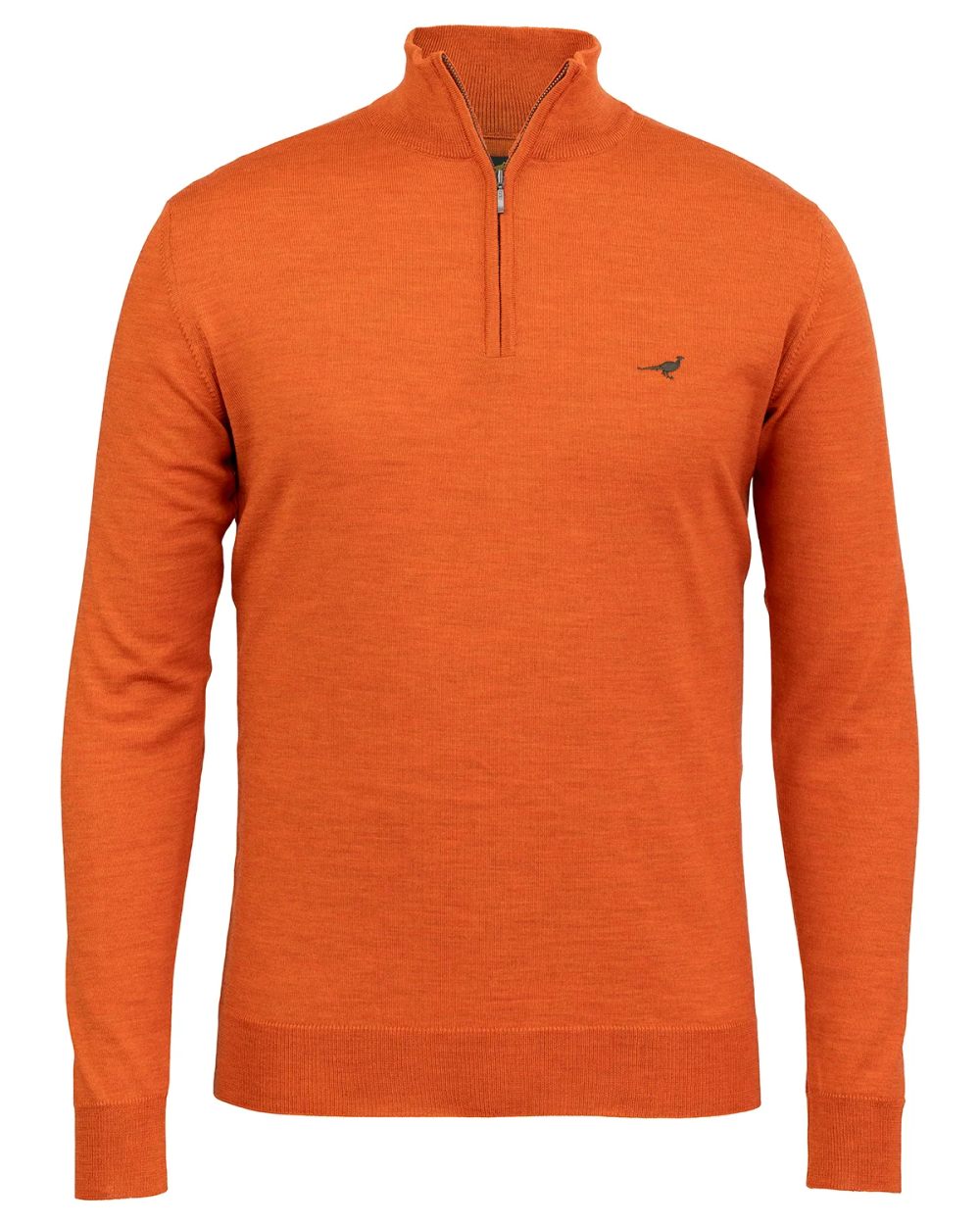 Orange Coloured Laksen Norfolk Zip Neck Merino Sweater on white background 
