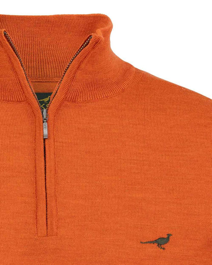 Orange Coloured Laksen Norfolk Zip Neck Merino Sweater on white background 
