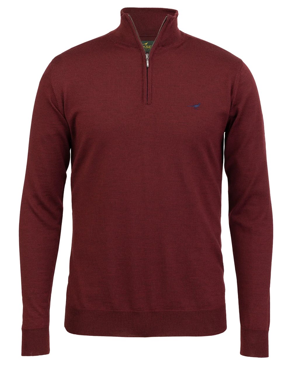 Vintage Port Coloured Laksen Norfolk Zip Neck Merino Sweater on white background 