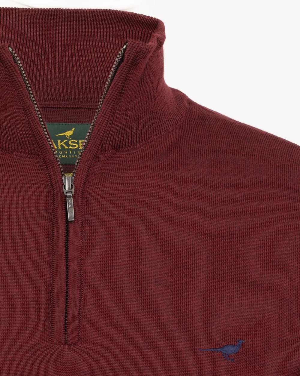 Vintage Port Coloured Laksen Norfolk Zip Neck Merino Sweater on white background 