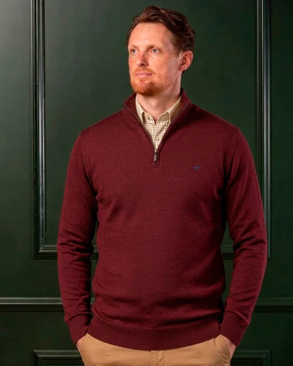 Vintage Port Coloured Laksen Norfolk Zip Neck Merino Sweater on indoor background 
