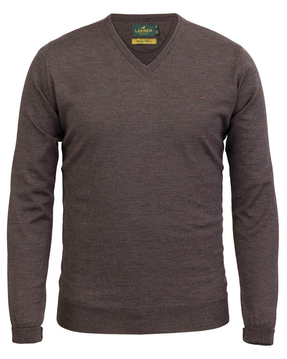 Chocolate Coloured Laksen Sussex V-Neck Sweater on white background 