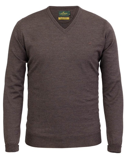 Chocolate Coloured Laksen Sussex V-Neck Sweater on white background 