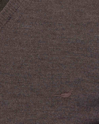 Chocolate Coloured Laksen Sussex V-Neck Sweater on white background 