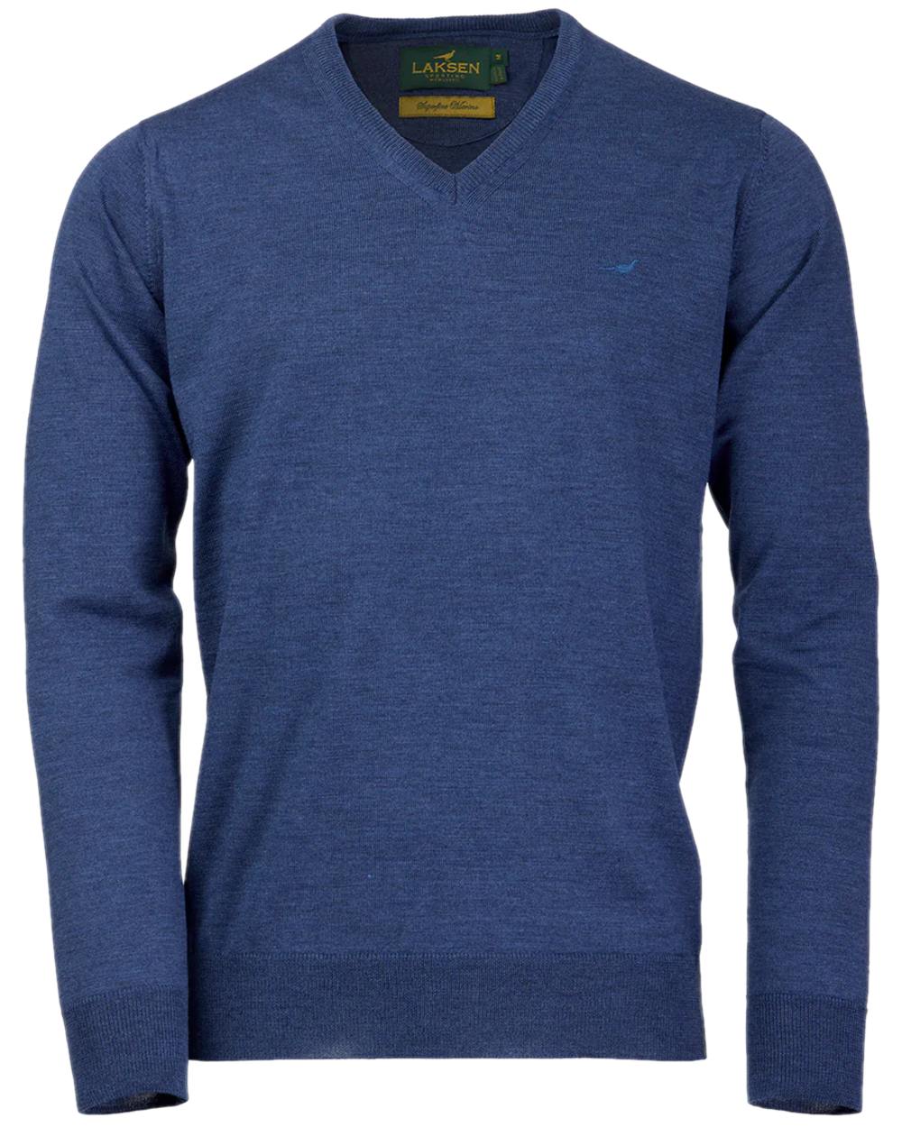 Corn Blue Coloured Laksen Sussex V-Neck Sweater on white background 