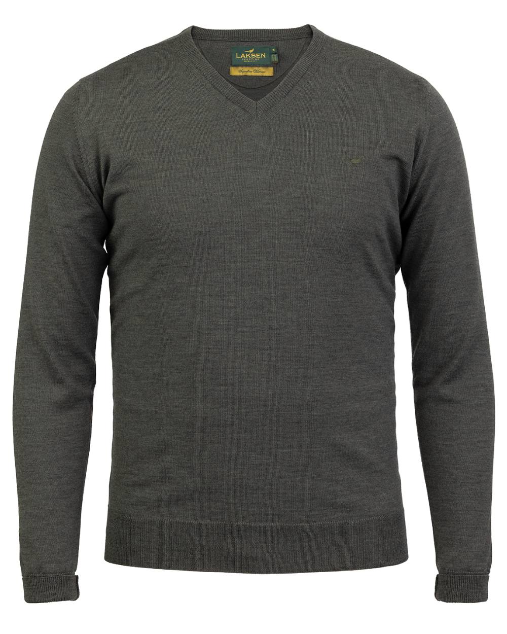 Loden Green Coloured Laksen Sussex V-Neck Sweater on white background 