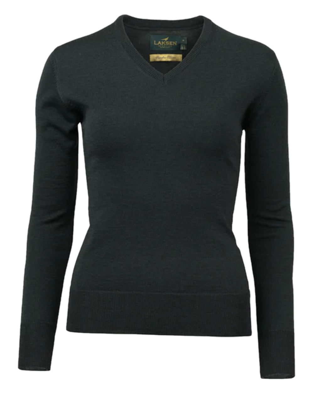 Olive Coloured Laksen Womens Carnaby V-neck Merino Knit on white background 
