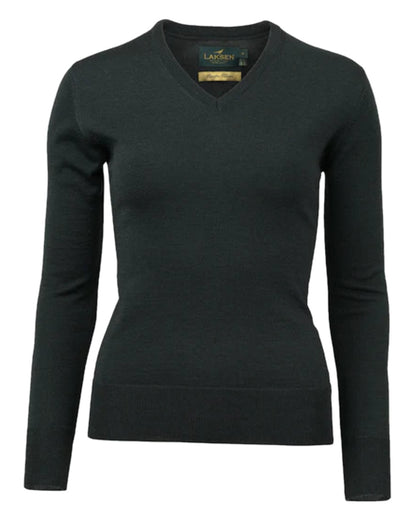 Olive Coloured Laksen Womens Carnaby V-neck Merino Knit on white background 