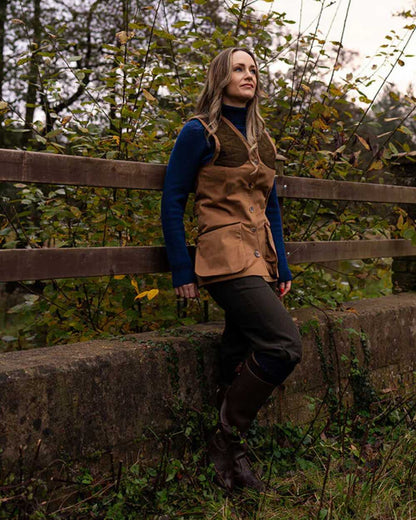 Camel Coloured Laksen Womens Pennyton Beauly Shooting Vest on forest background 