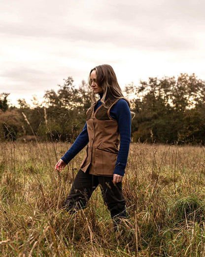 Camel Coloured Laksen Womens Pennyton Beauly Shooting Vest on forest background 