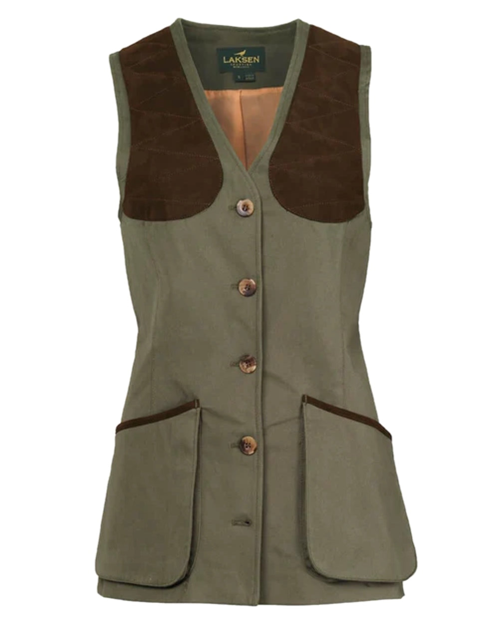 Olive Coloured Laksen Womens Pennyton Beauly Shooting Vest on white background 