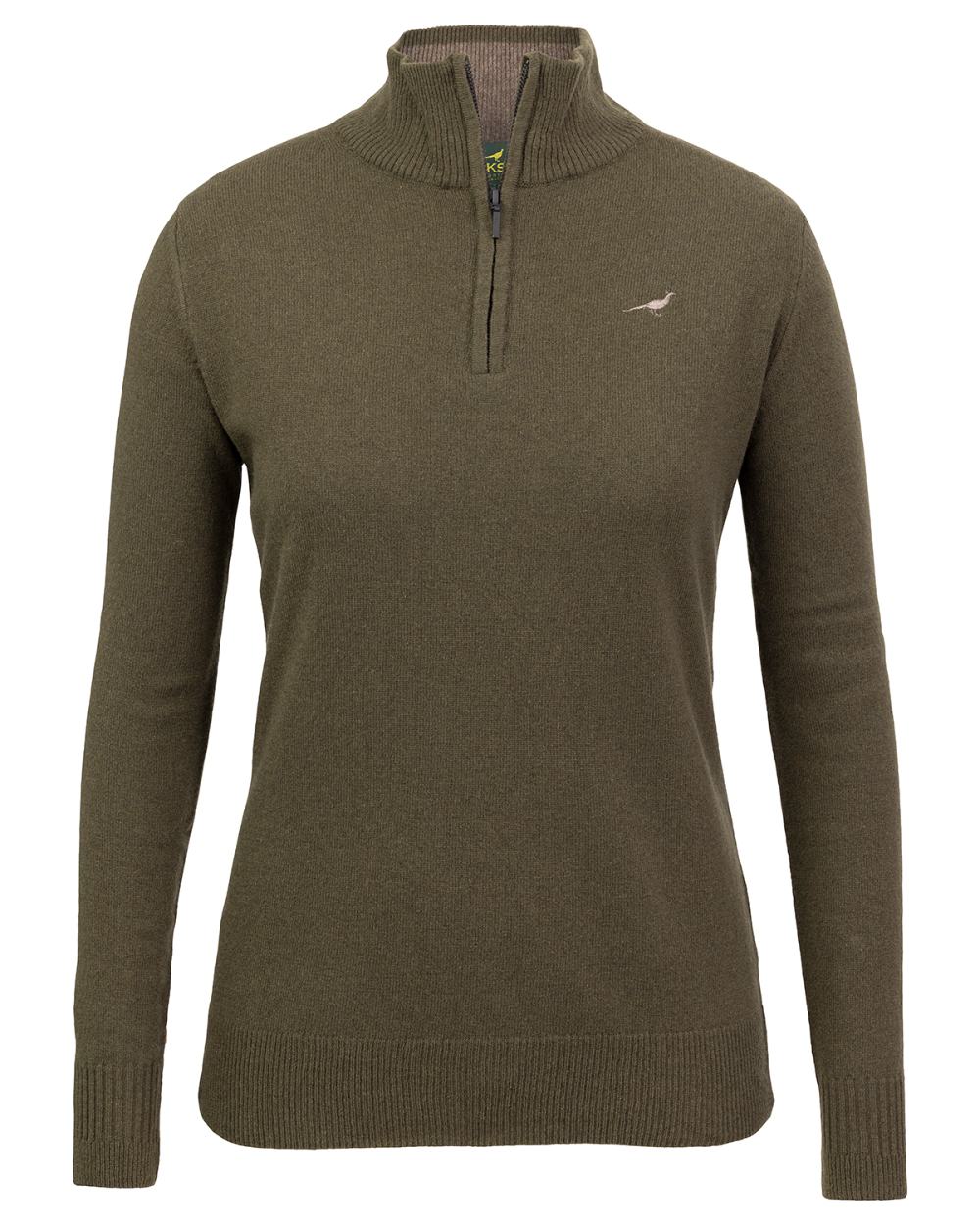 Olive Coloured Laksen Womens Tyne Zip Neck Sweater on white background 