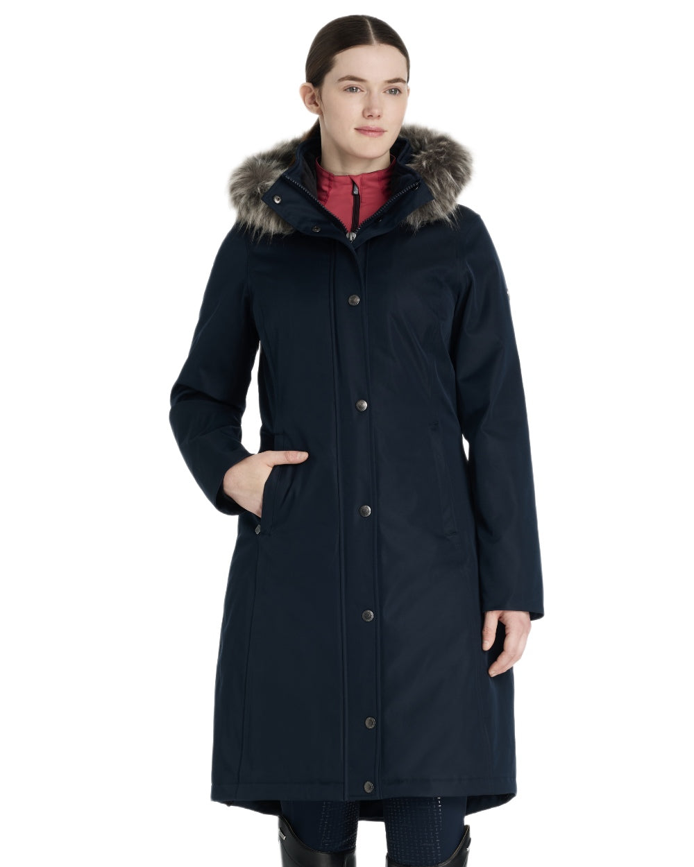 Navy Coloured LeMieux Anya Waterproof Riding Coat On A White Background 