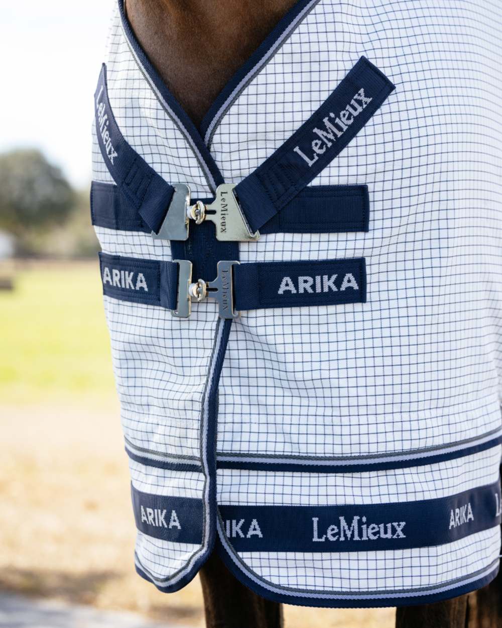 White coloured LeMieux Arika Field Rug on blurry background 