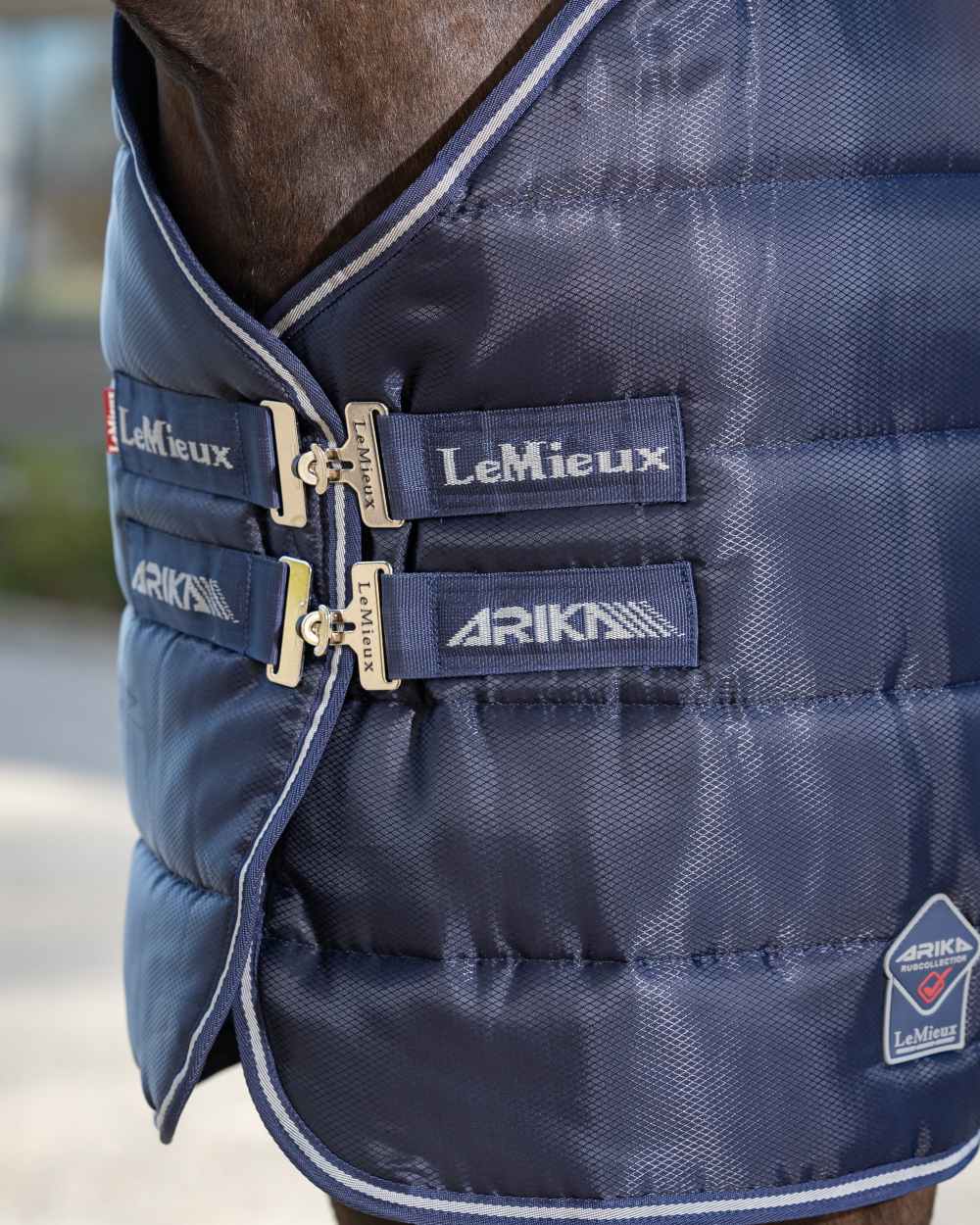 Navy coloured LeMieux Arika Stable-Tek 100g on outdoor background 
