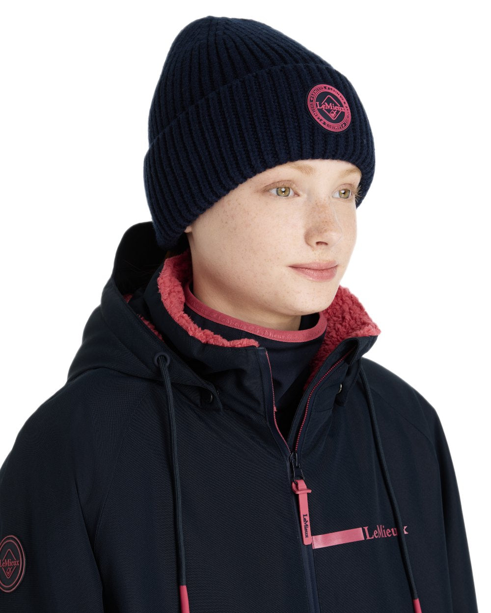Navy coloured LeMieux Bodie Beanie on white background 