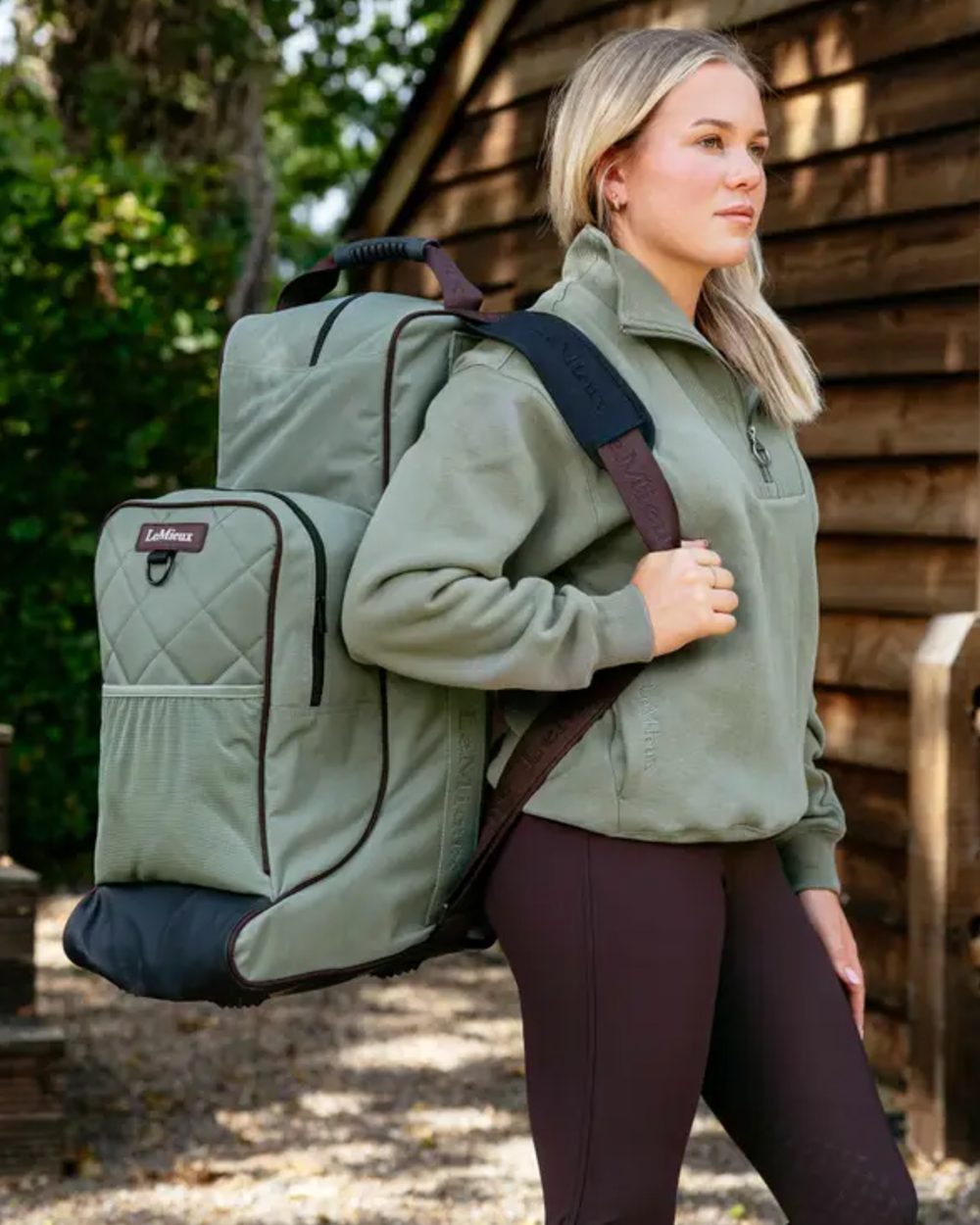 Rosemary coloured LeMieux Boot &amp; Hat Bag on outdoor background 