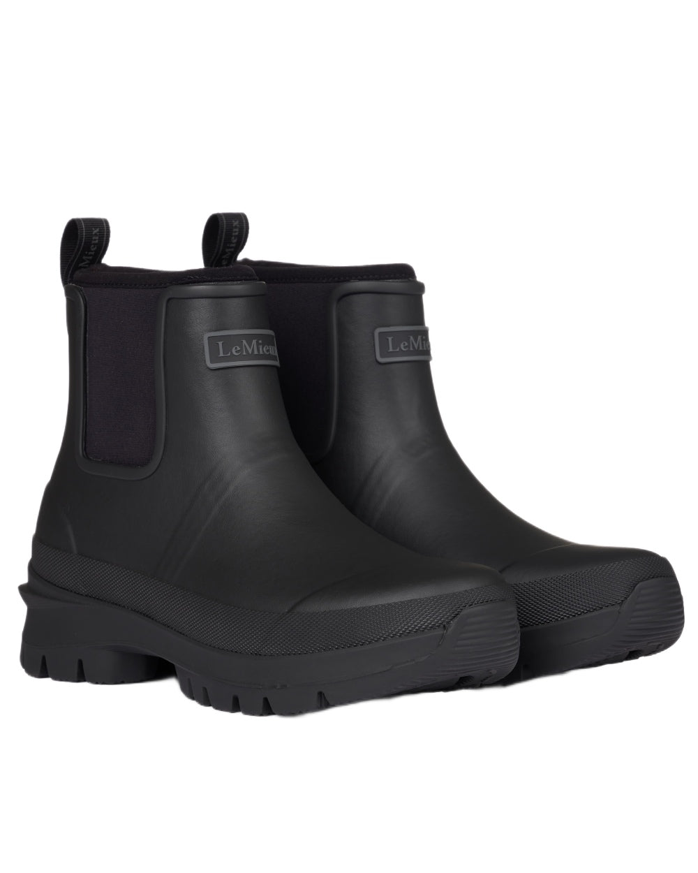 Black coloured LeMieux Bramshaw Chelsea Wellies on white background 