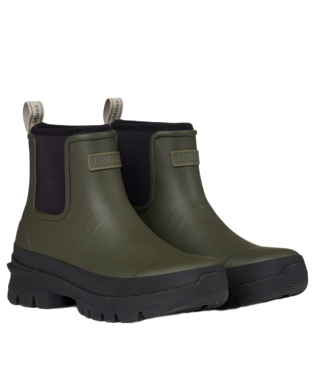 Olive coloured LeMieux Bramshaw Chelsea Wellies on white background 