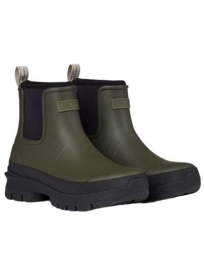 Olive coloured LeMieux Bramshaw Chelsea Wellies on white background 