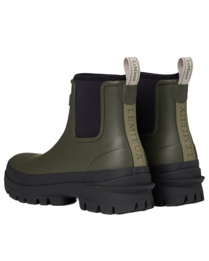 Olive coloured LeMieux Bramshaw Chelsea Wellies on white background 