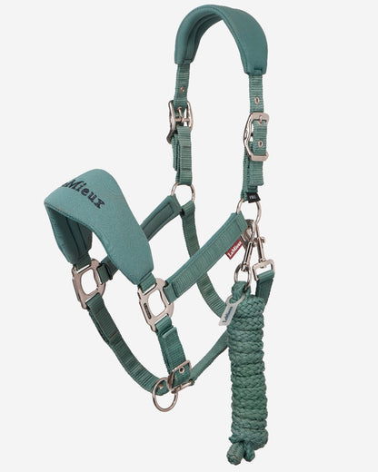 Aloe Coloured LeMieux Breakaway Vogue Headcollar and Leadrope on White Background 