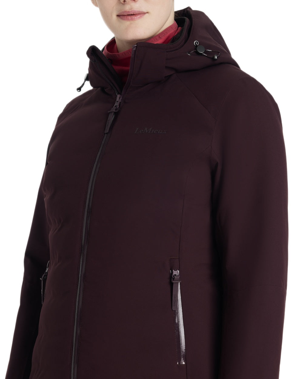 Damson coloured LeMieux Brooke Waterproof Hybrid Jacket on white background 