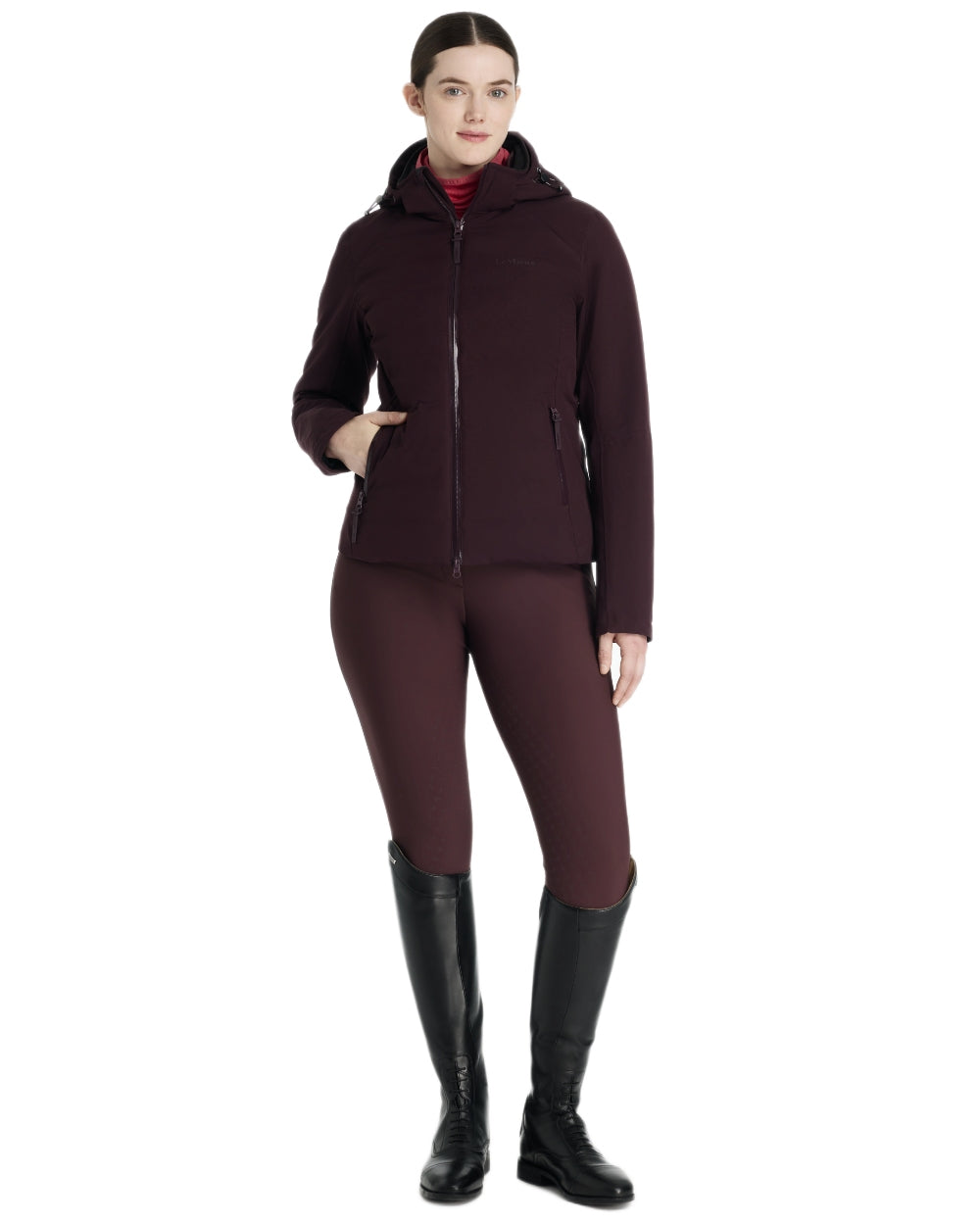 Damson coloured LeMieux Brooke Waterproof Hybrid Jacket on white background 
