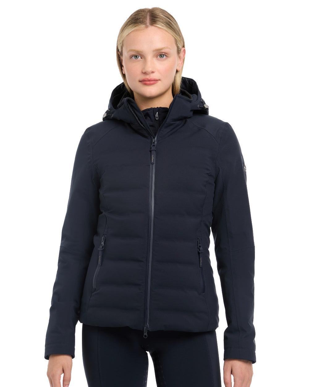 Navy coloured LeMieux Brooke Waterproof Hybrid Jacket on white background 