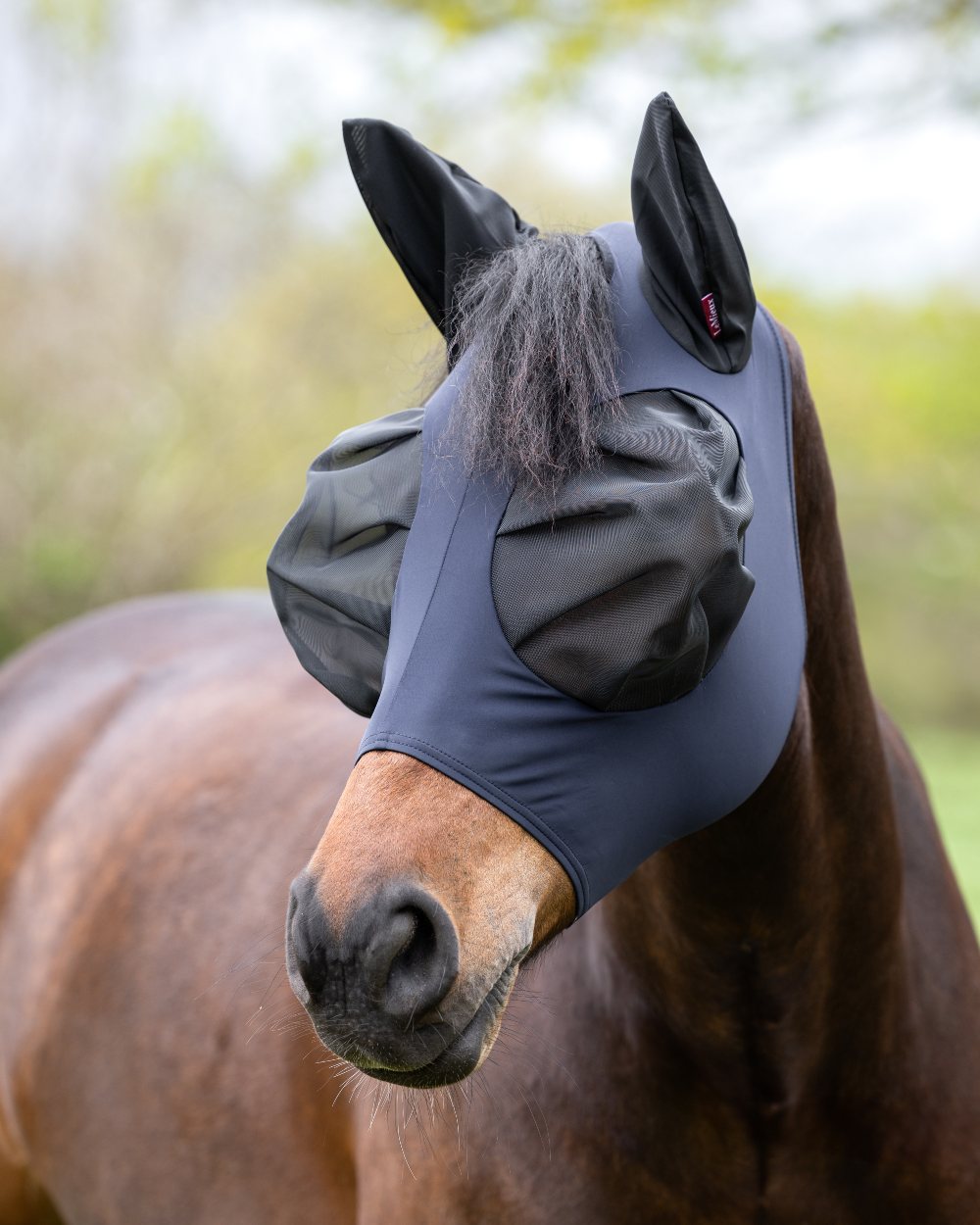 Navy coloured LeMieux Bug Relief Half Mask on blurry background 