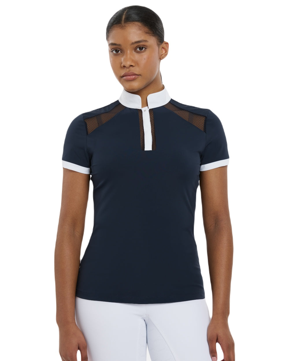 Navy coloured LeMieux Camille Short Sleeve Show Shirt on white background 