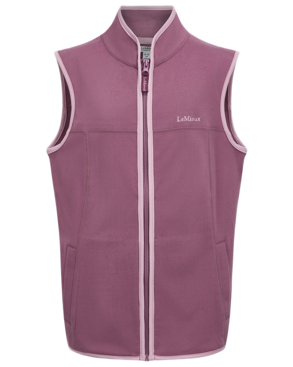 Mallow coloured LeMieux Childrens Bobbi Fleece Gilet on white background 